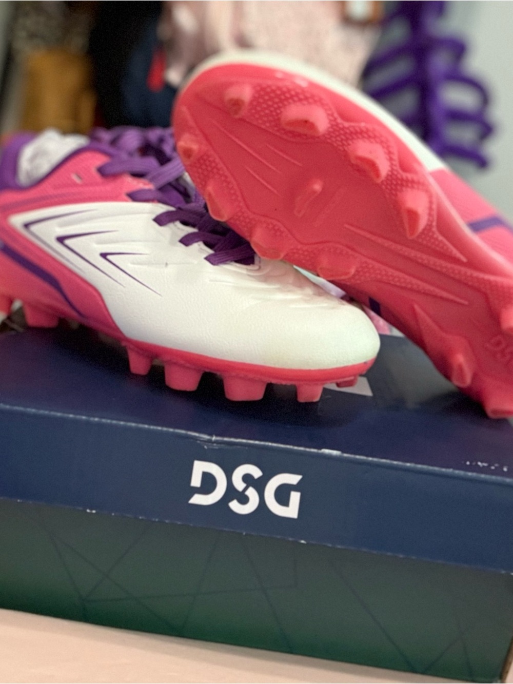 DSG Women’s White, Pink & Purple Soccer Cleats with Nike shin guard socks